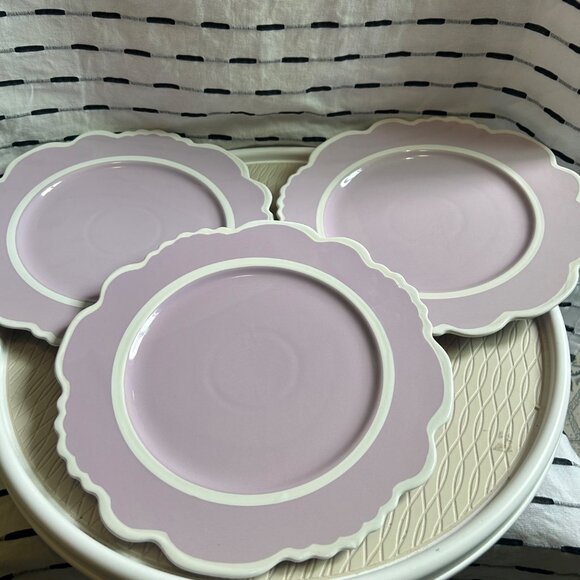 3 Anthropologie Lyla Stoneware Dinner Plates Purple Lavender Floral Edge 10.75" - Picture 2 of 10